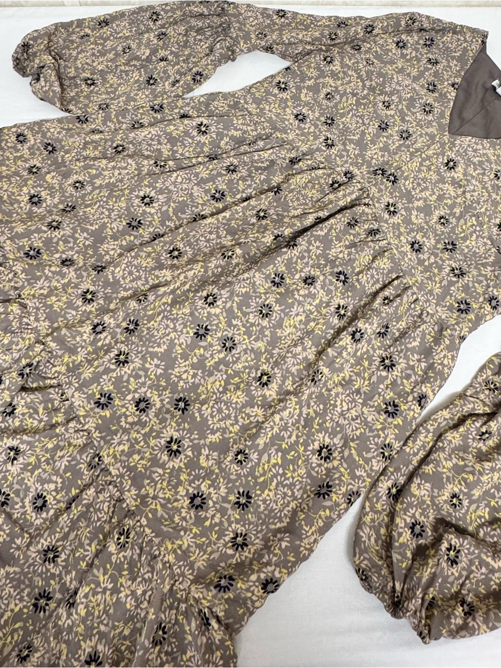 Long Sleeve Floral Bell Sleeve  Midi Dress - Taupe with Yellow Accents